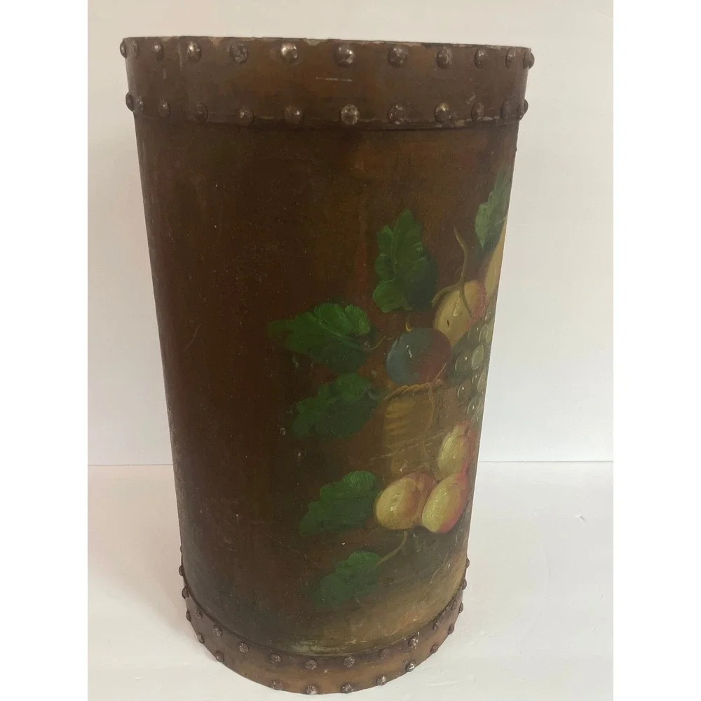 Vintage Hand Painted Tole Fruit Basket Umbrella Stand Tall Decorative Floor Vase
